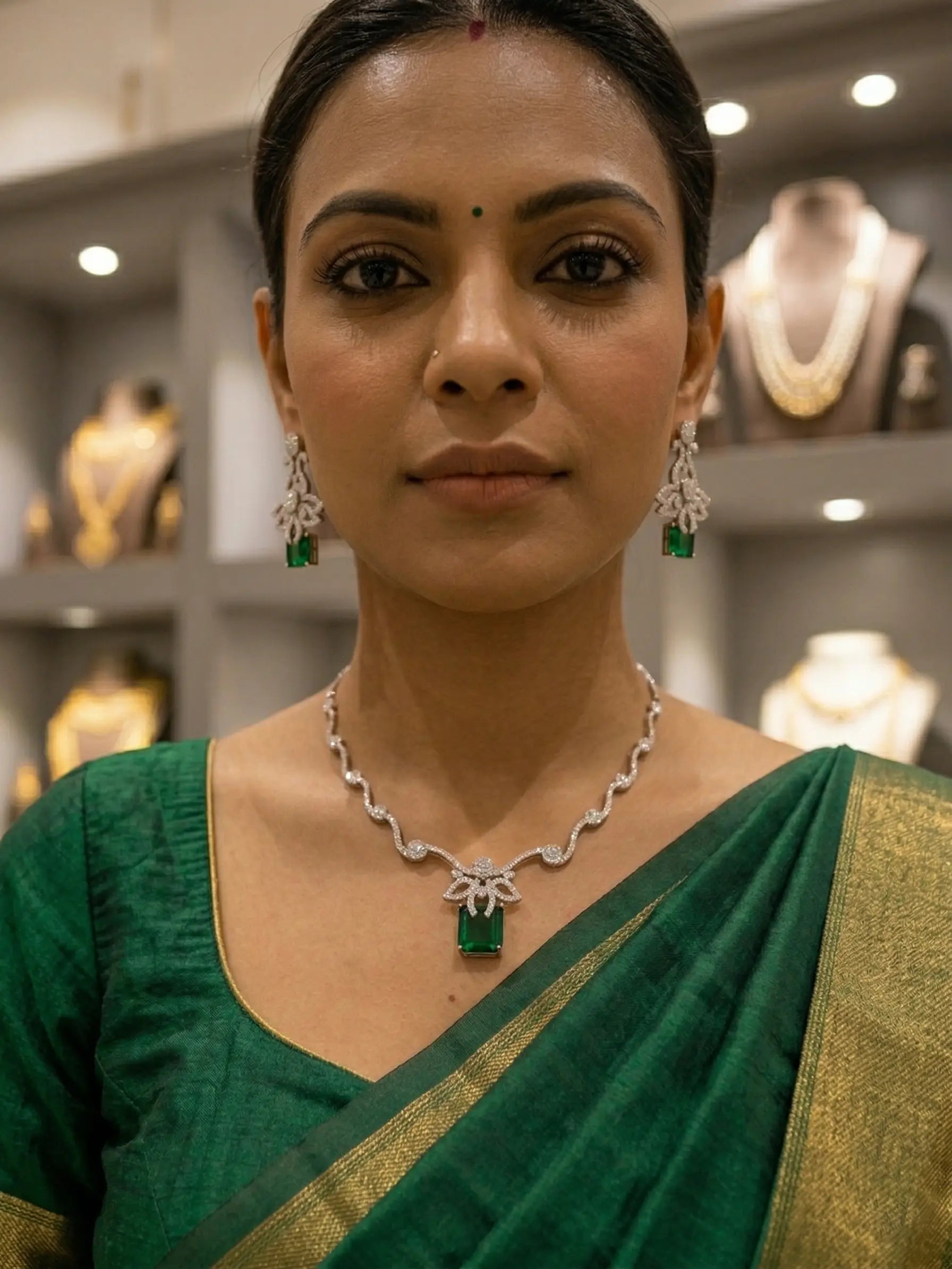 Woman wearing a green saree with jewelry in an indoor setting