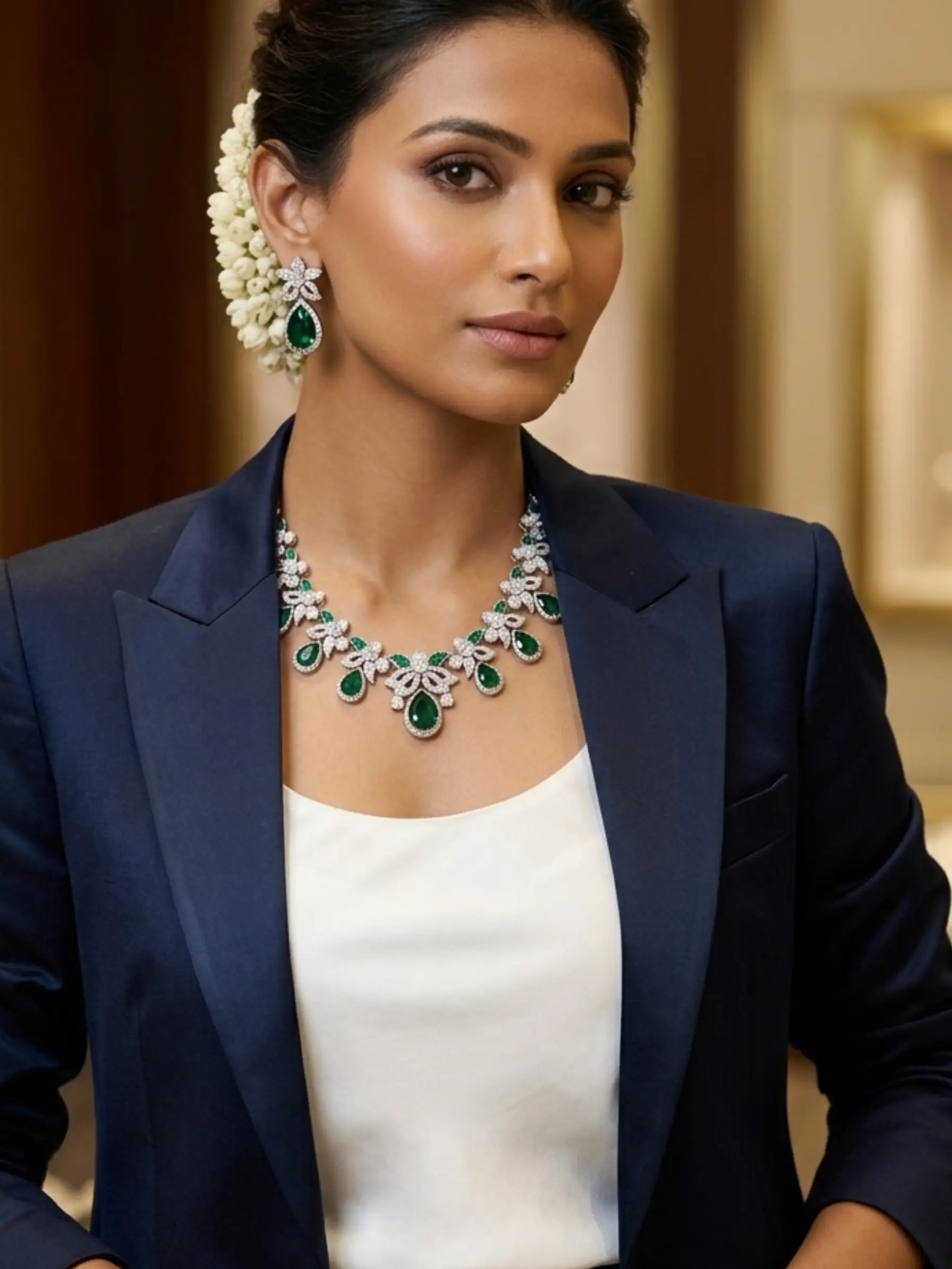 Woman wearing a necklace and earrings in an elegant setting