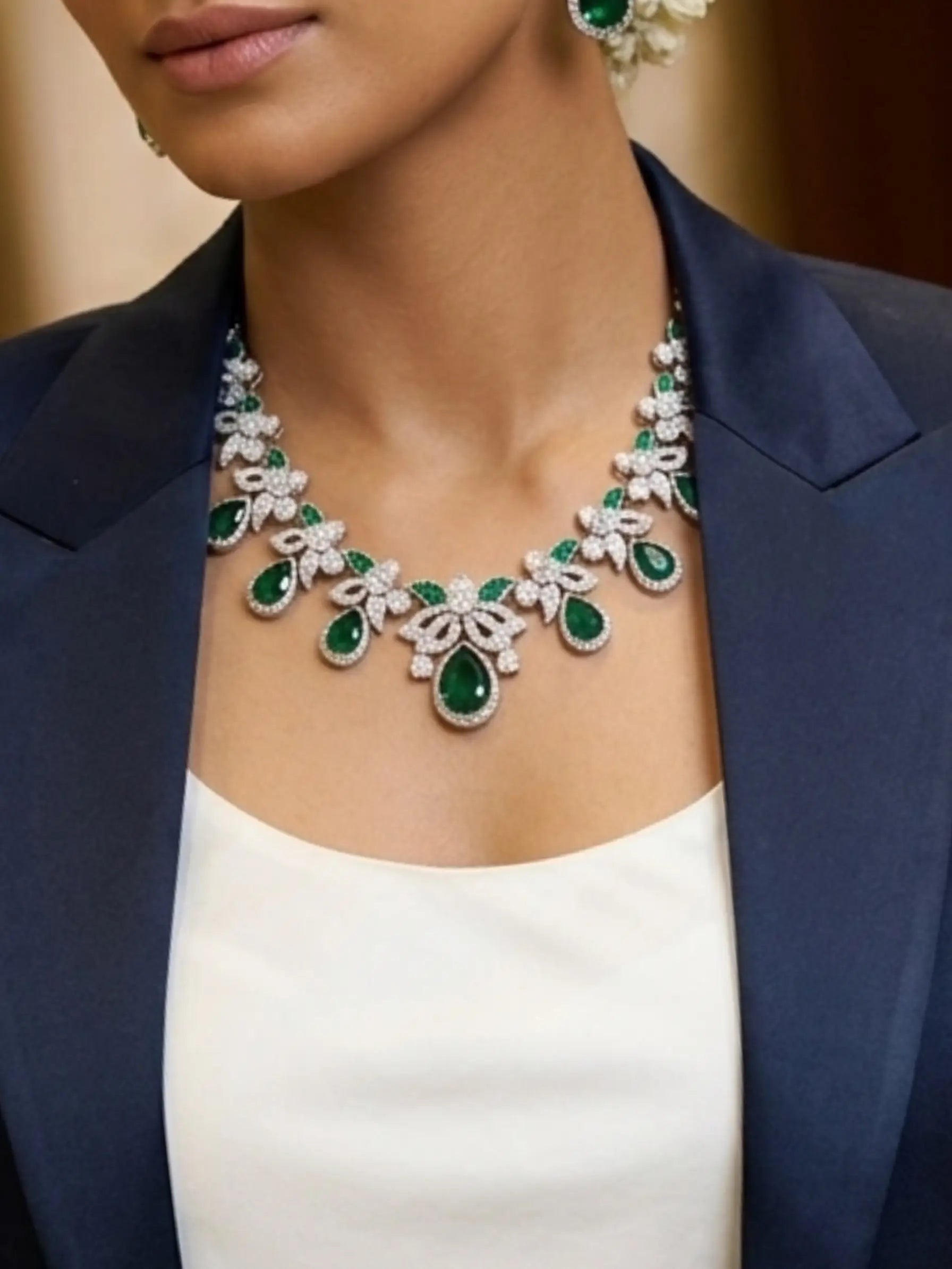 Woman wearing a green and white gemstone necklace with a blurred background