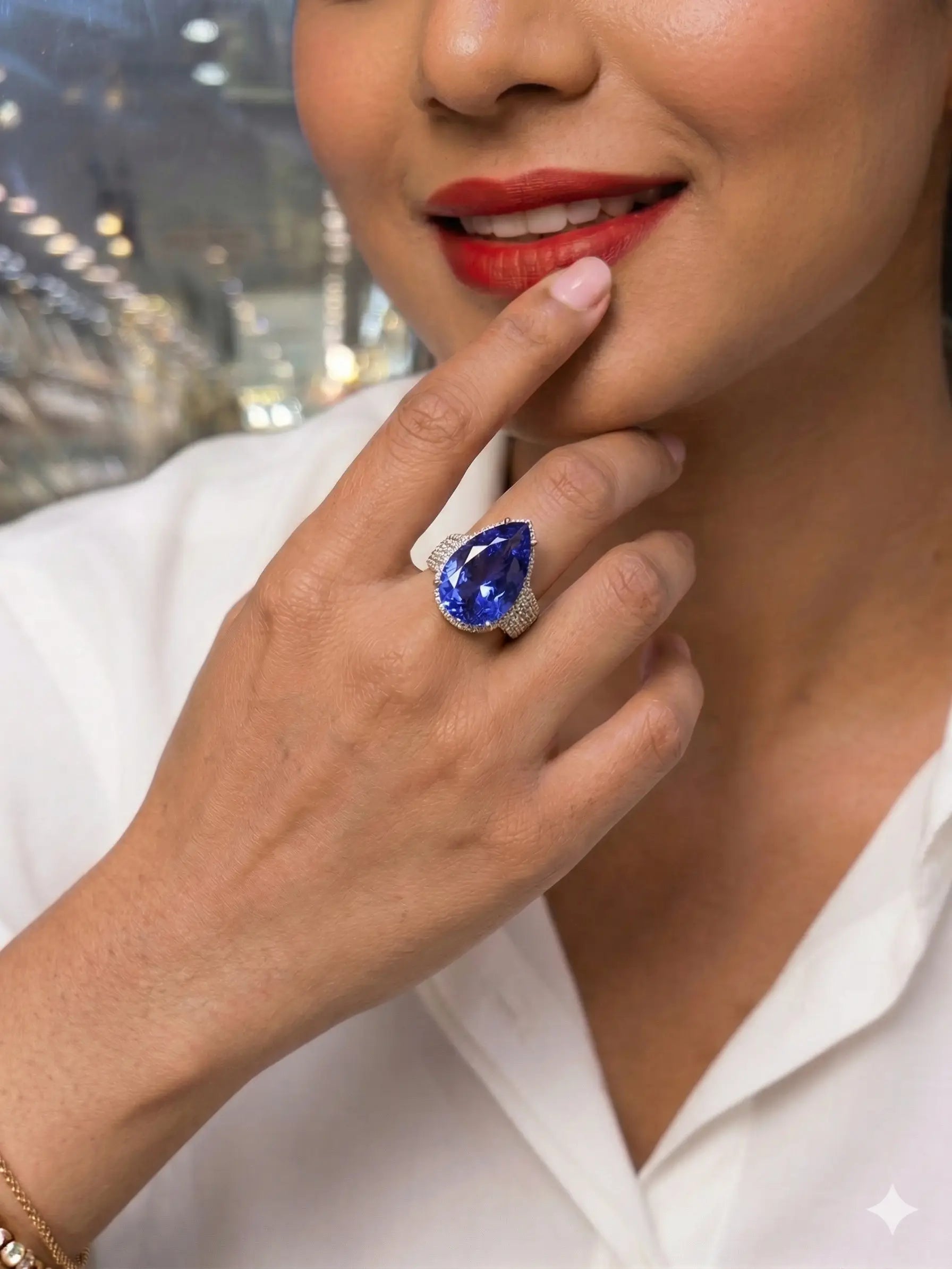 CZ Doublet Blue Sapphire Ring with Diamond Halo in Silver Finish