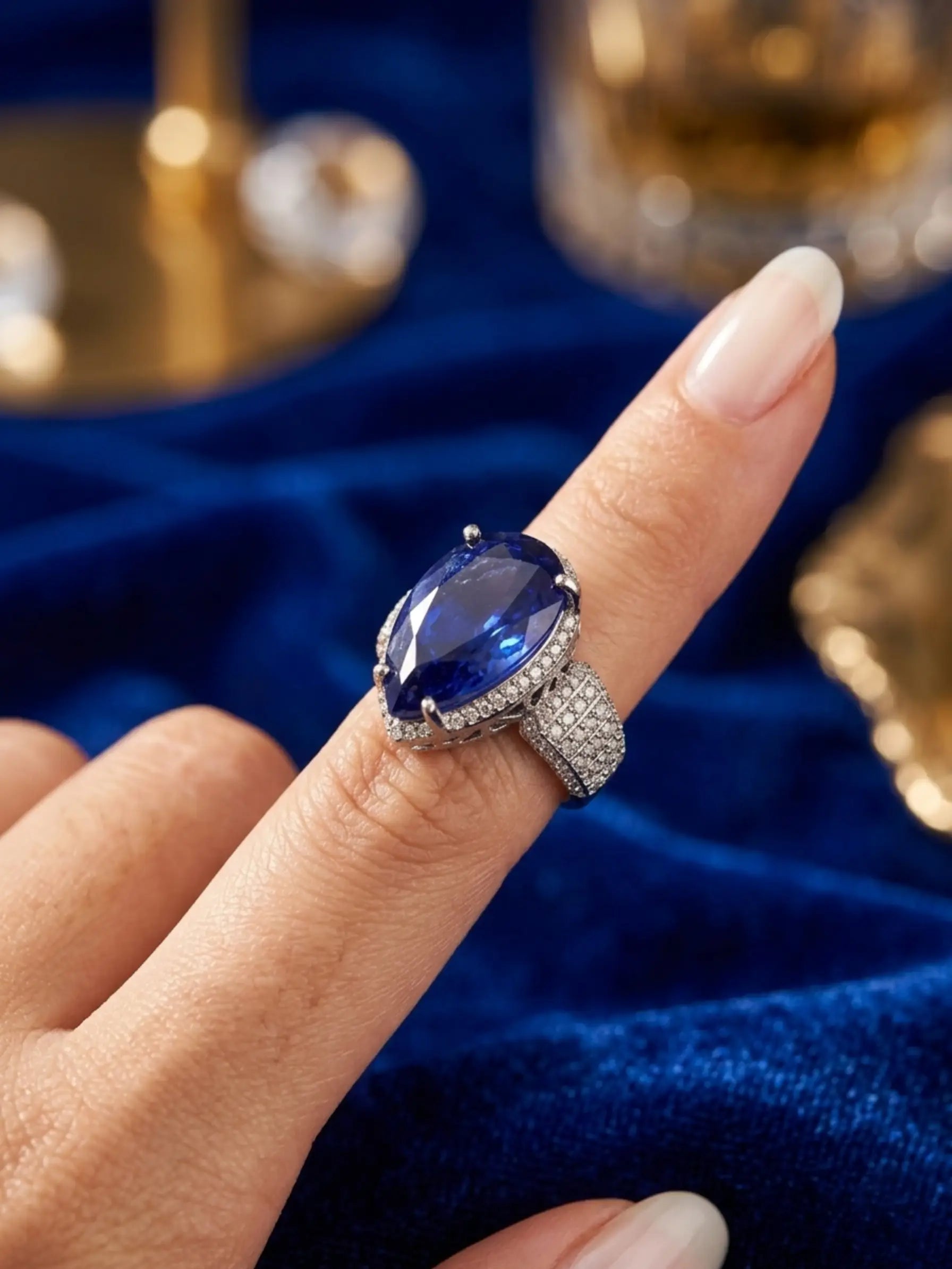 Close-up of Pear Cut Blue Sapphire Doublet Stone and CZ Crystals