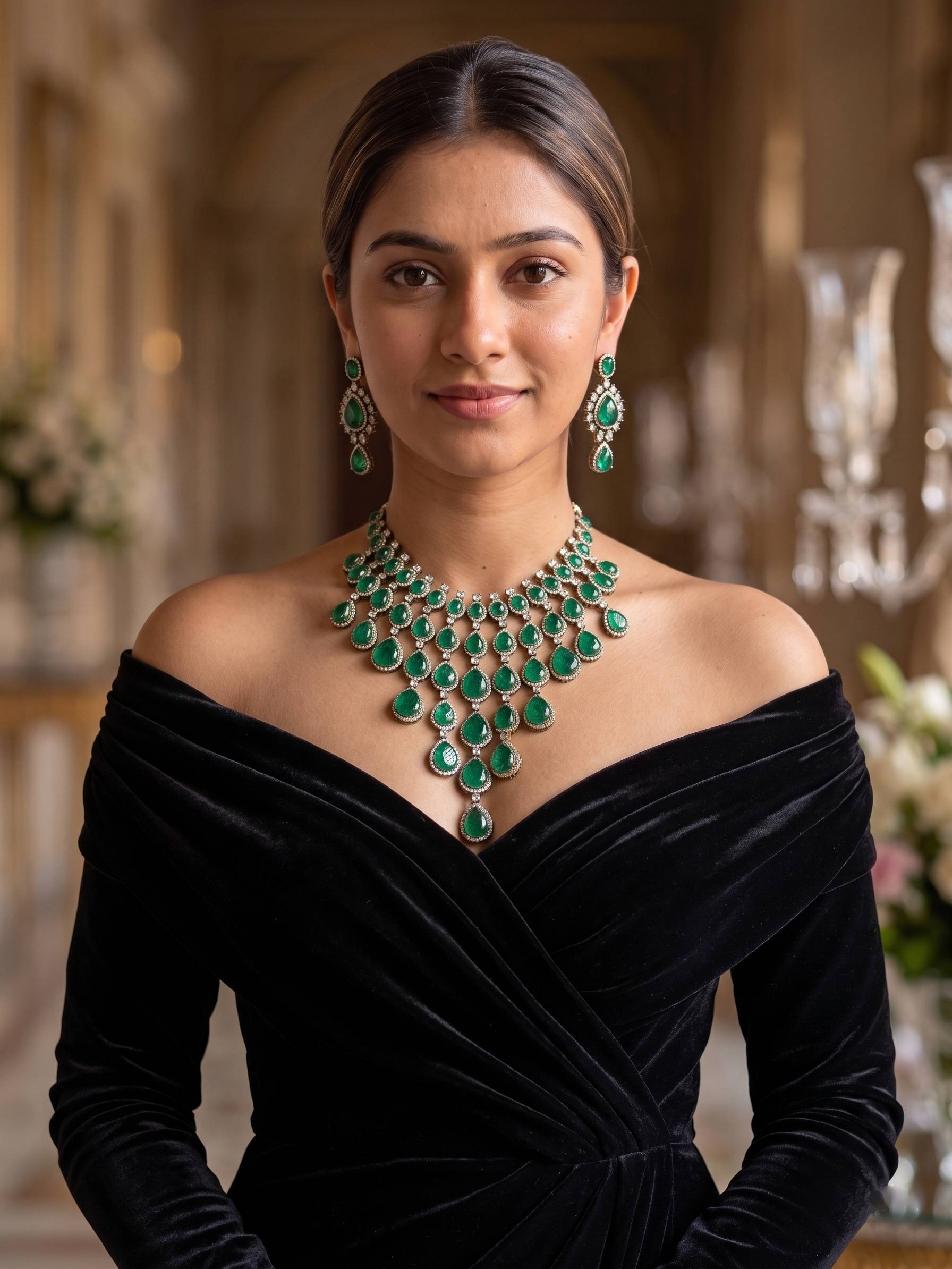 Woman wearing a black off-shoulder dress with emerald green jewelry in an elegant indoor setting.
