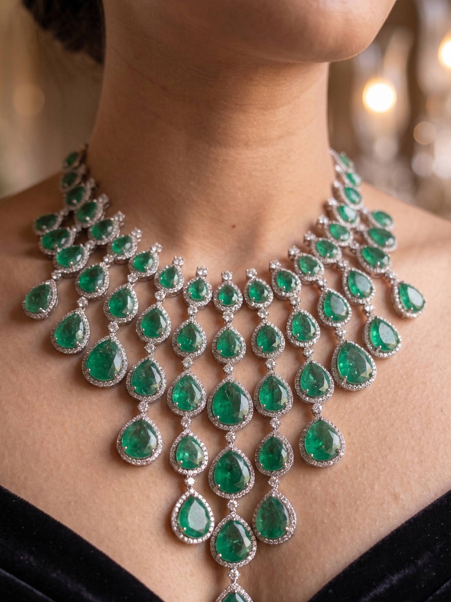 Luxurious emerald necklace on a person with a blurred background