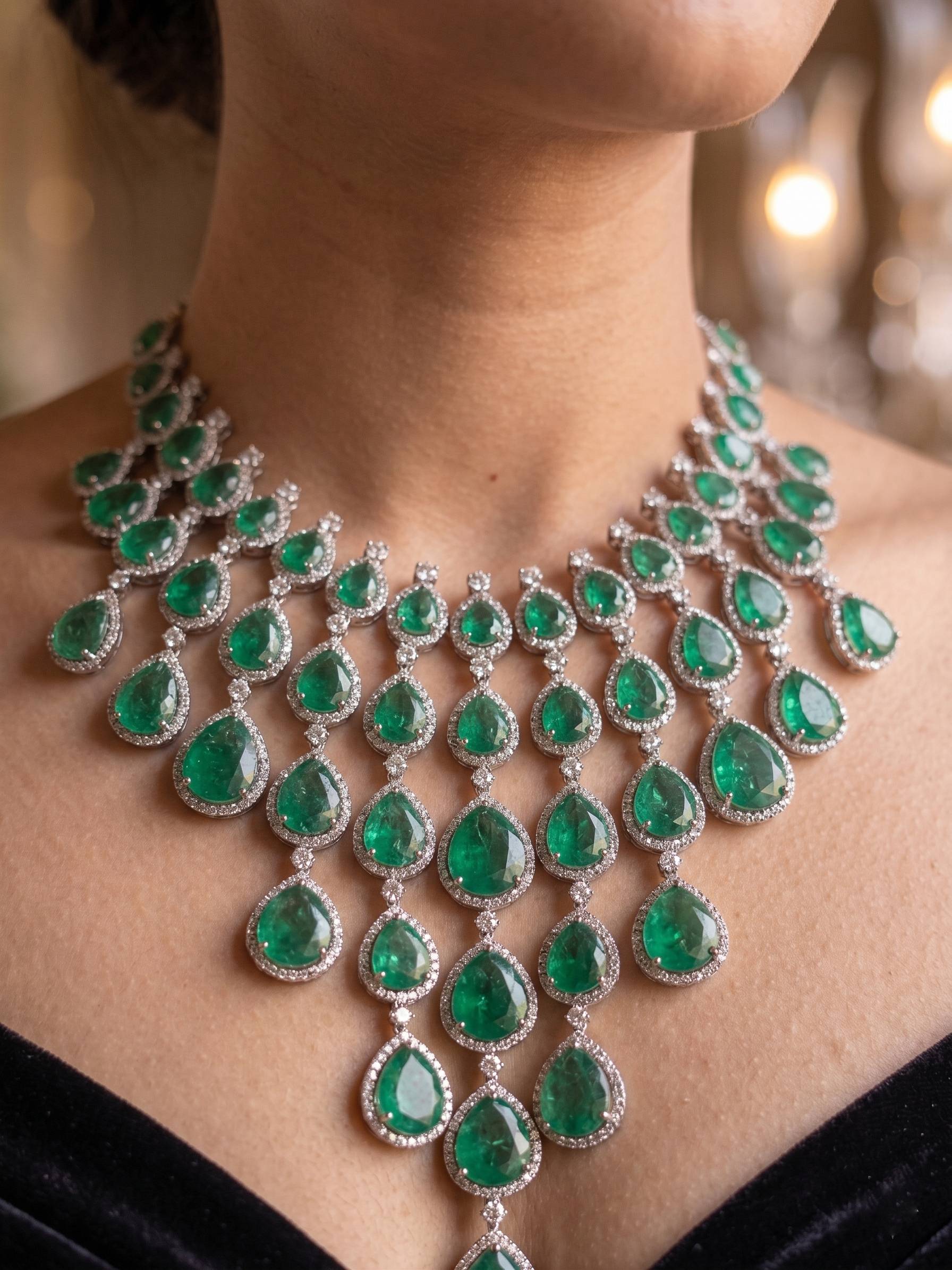 Luxurious emerald necklace on a person with a blurred background