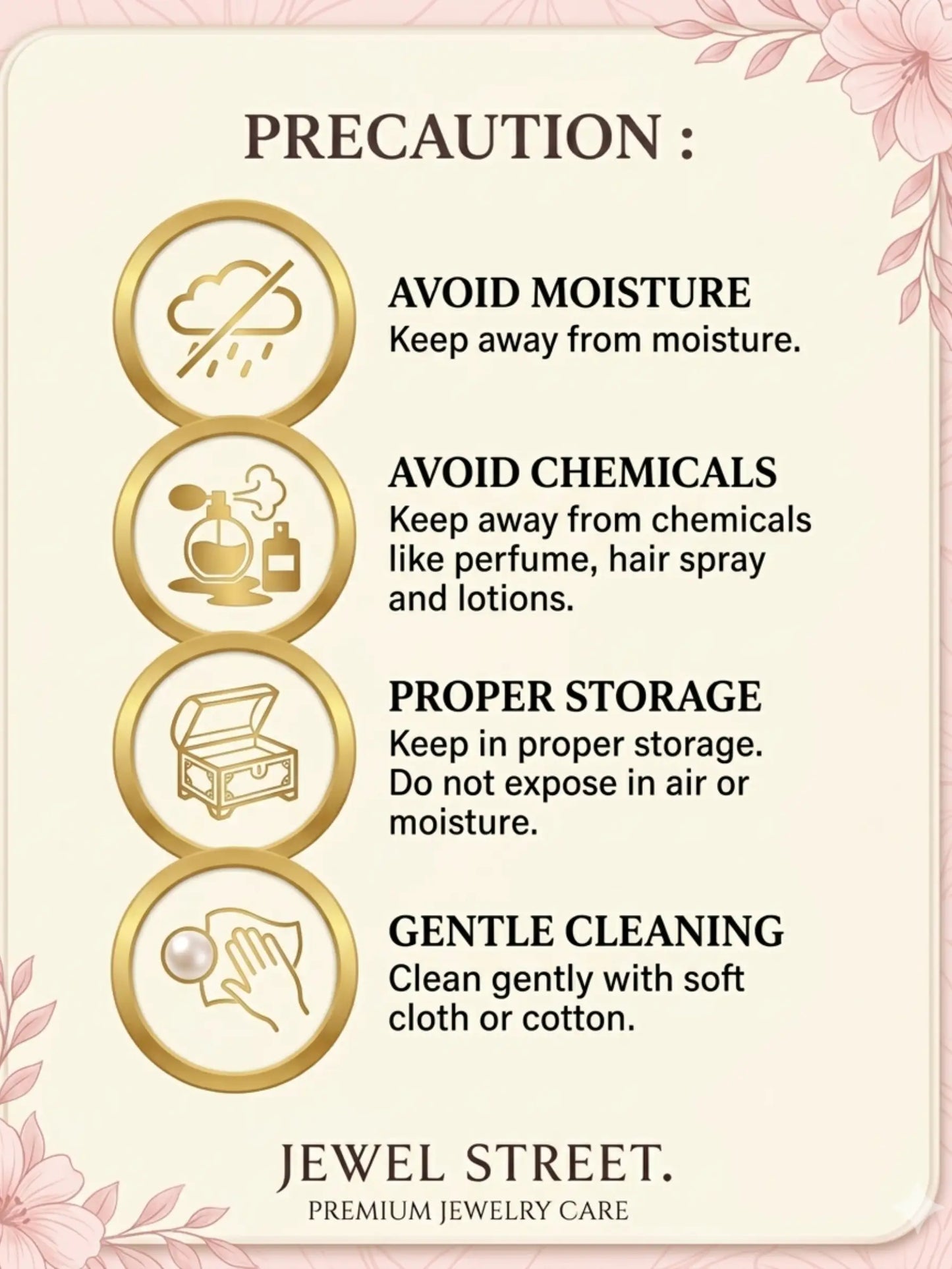 Precautionary card for jewelry care with icons and text on a light pink background.