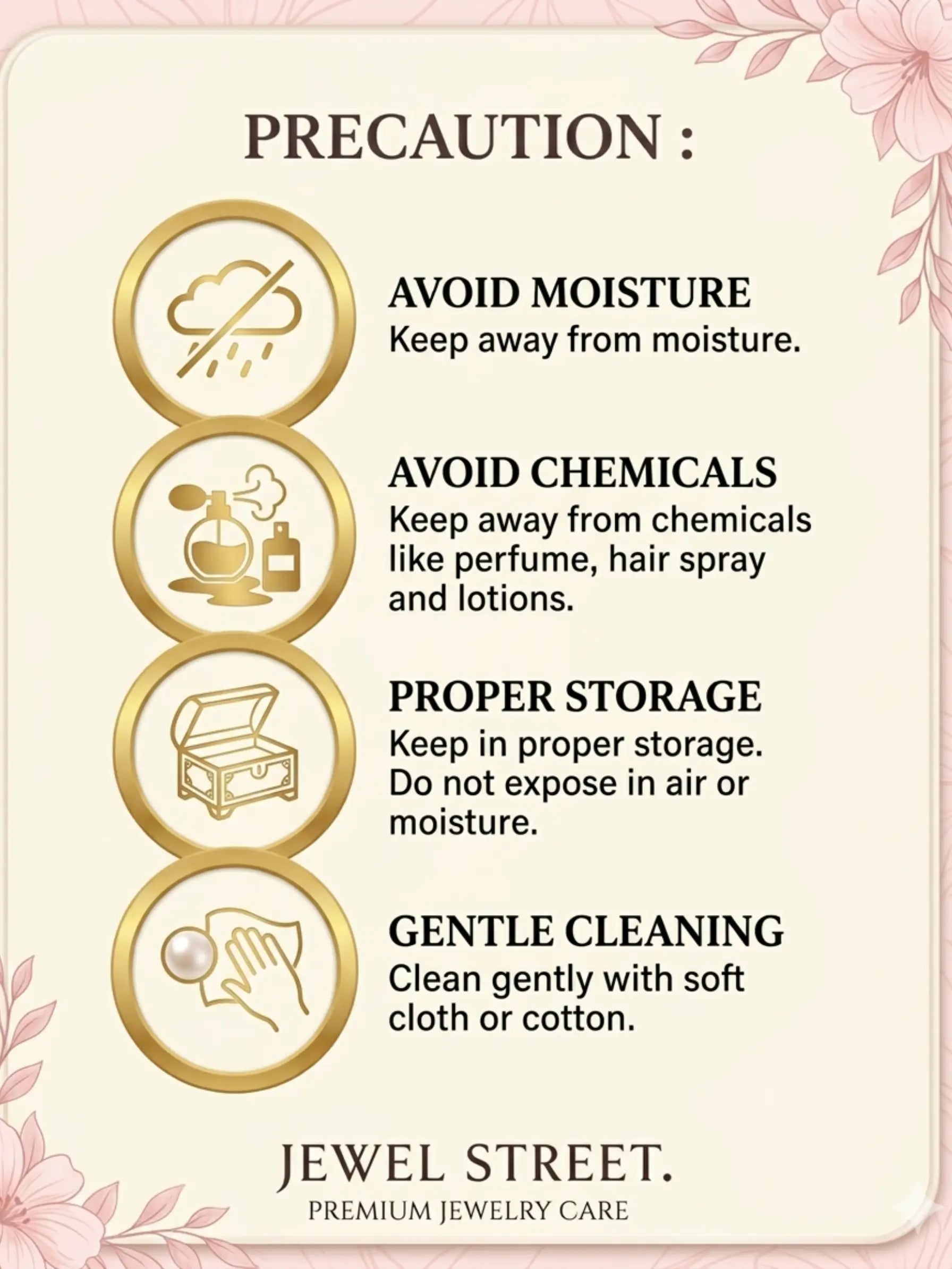 Precautionary card for jewelry care with icons and text on a light pink background.