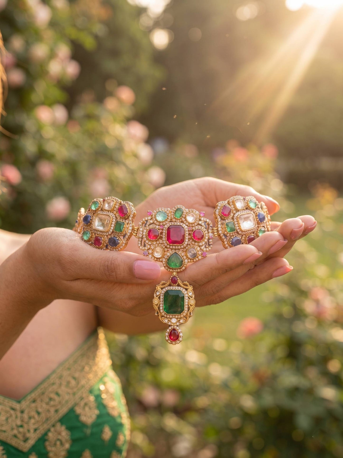 Hand holding a pair of ornate jewelry pieces with gemstones against a blurred natural background