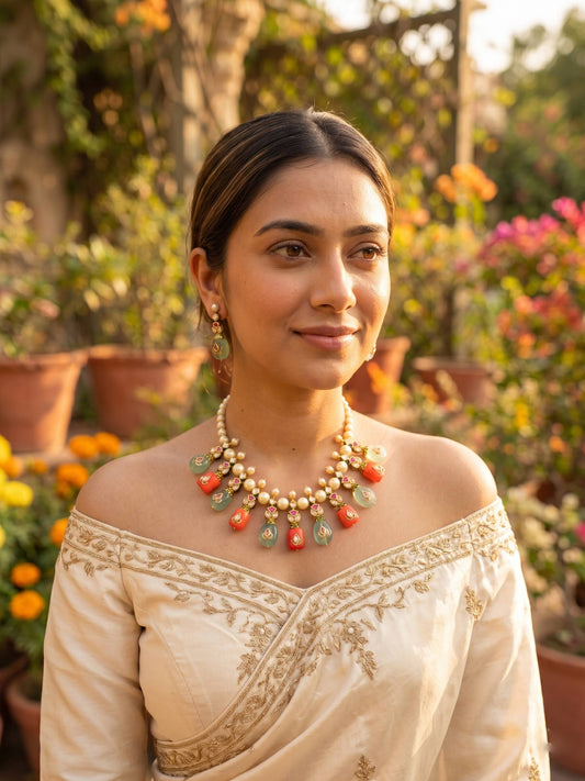Woman wearing a traditional outfit with a necklace in a garden setting