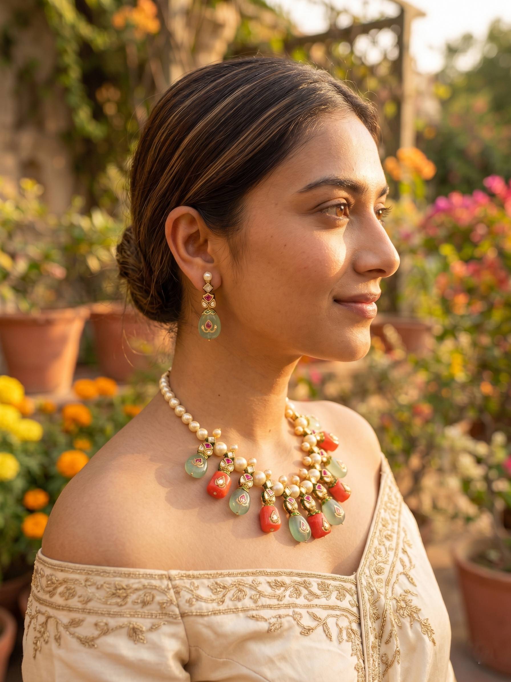 Woman wearing a necklace and earrings in a garden setting