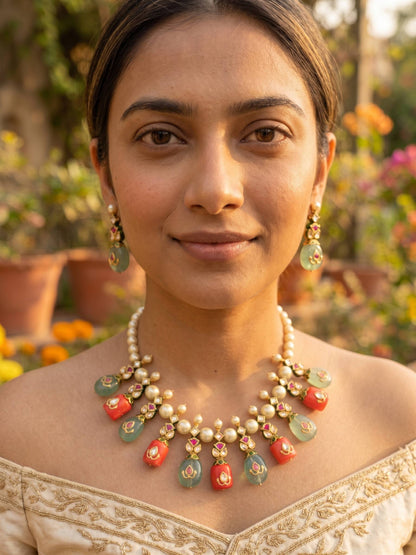 Woman wearing a decorative necklace with floral designs outdoors