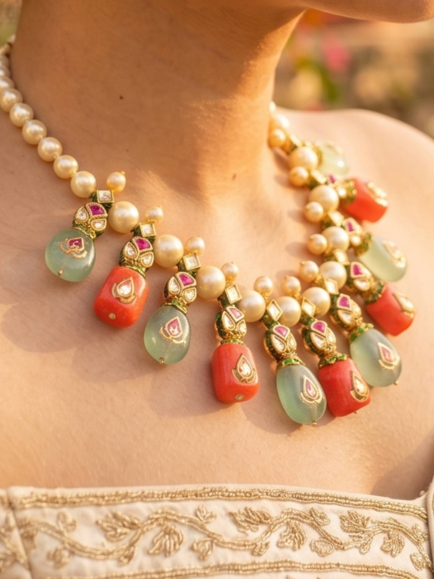 Close-up of a pearl and gemstone necklace on a person wearing a traditional outfit.