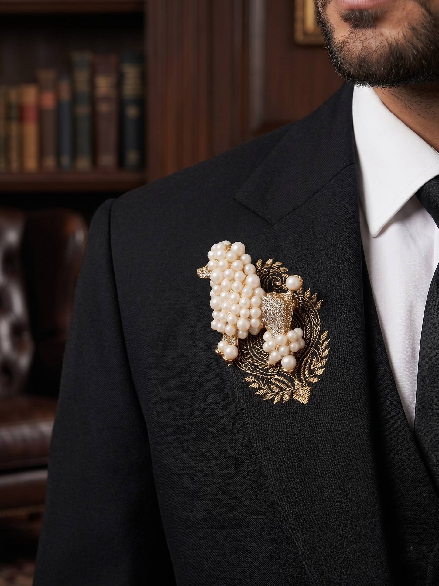 Luxury Crystal & Pearl Dog Brooch Pin – Men's Fashion Styling