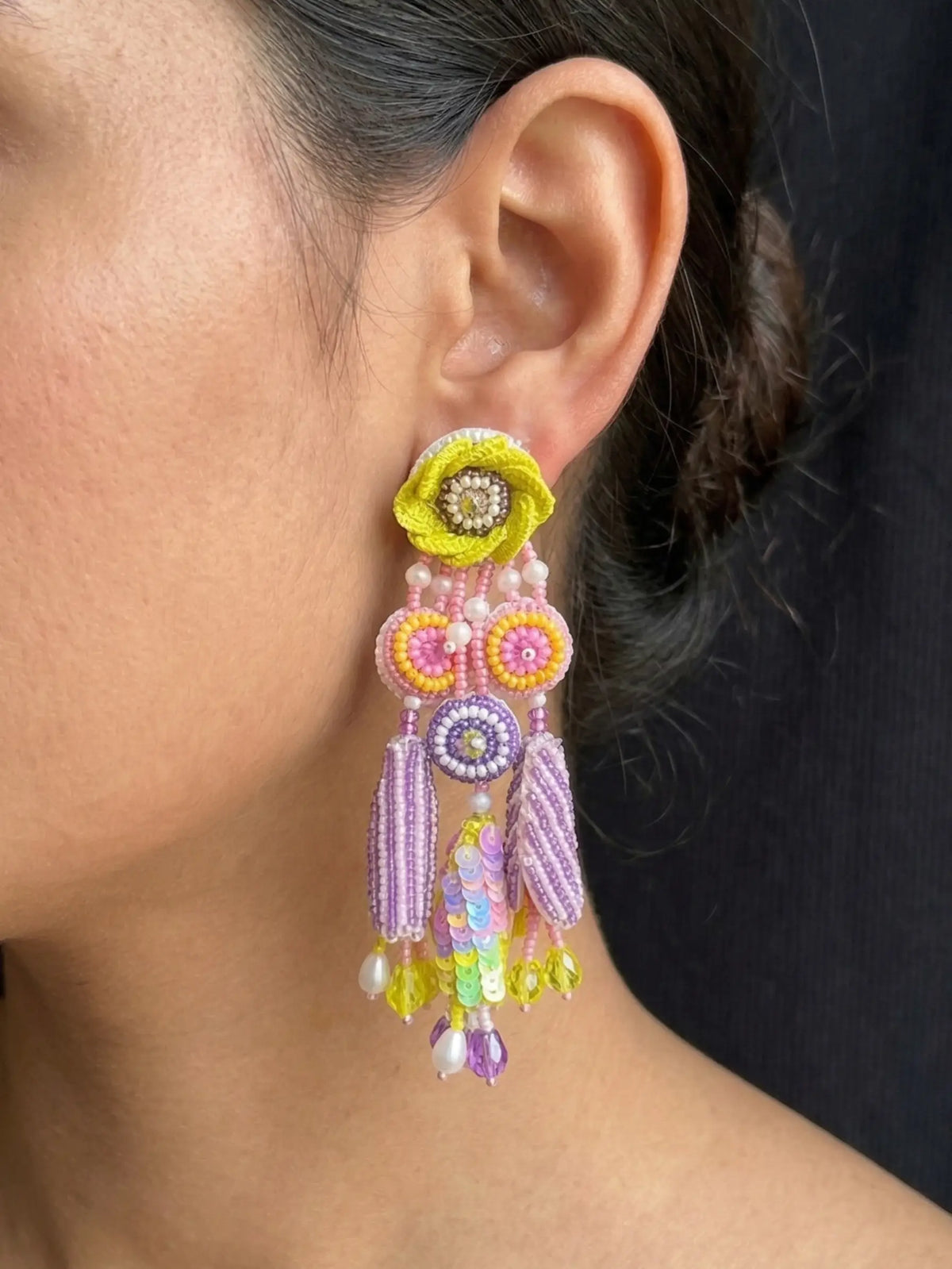 Moon Embroidery Multi Color Floral Style Earrings