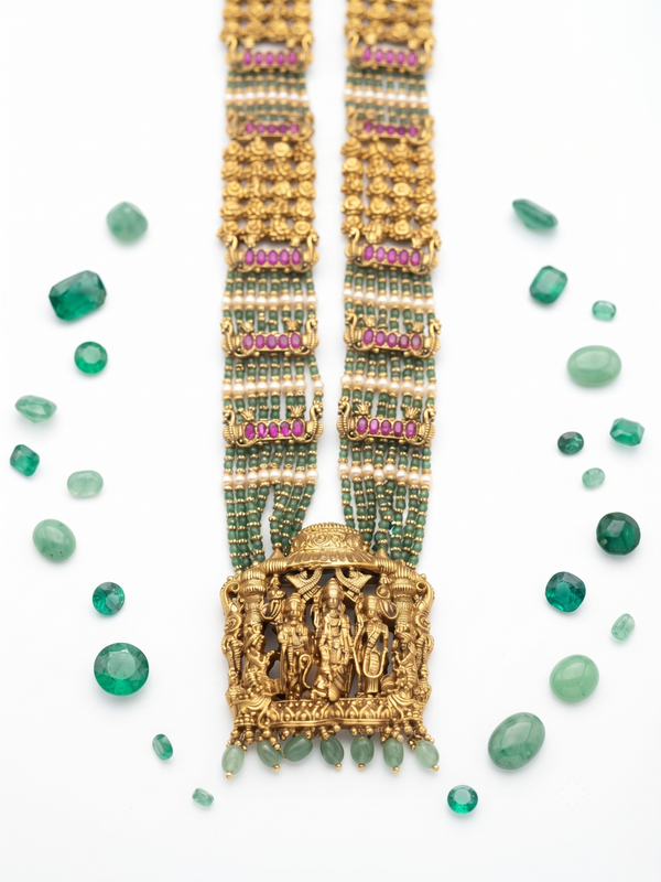 Royal Temple Jewellery Ram Darbar Haram with Emerald & Ruby Accents