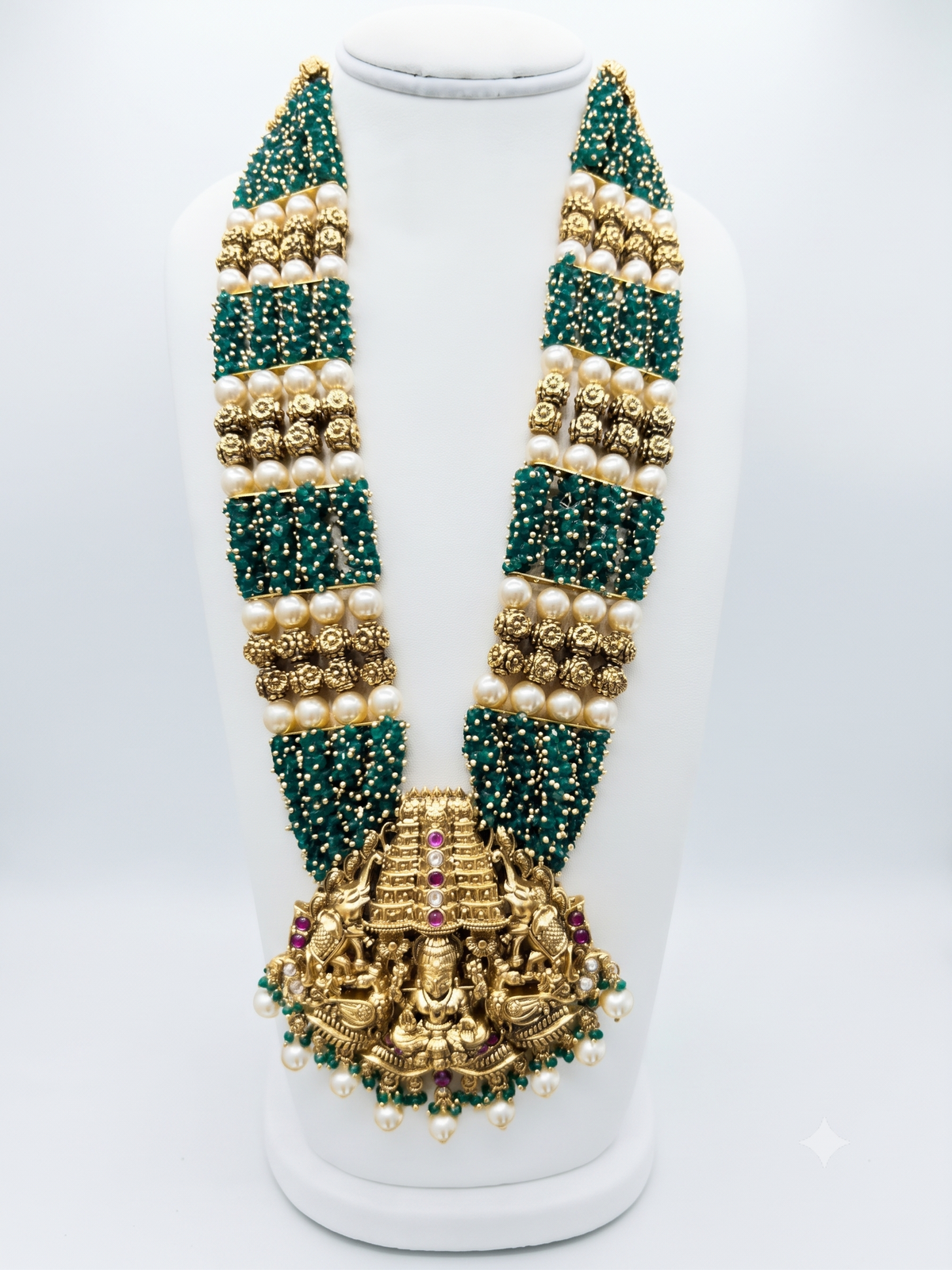 Royal Antique Gold Finish Temple Jewellery Rani Haar Set with Emerald Green Beads and Jhumkas