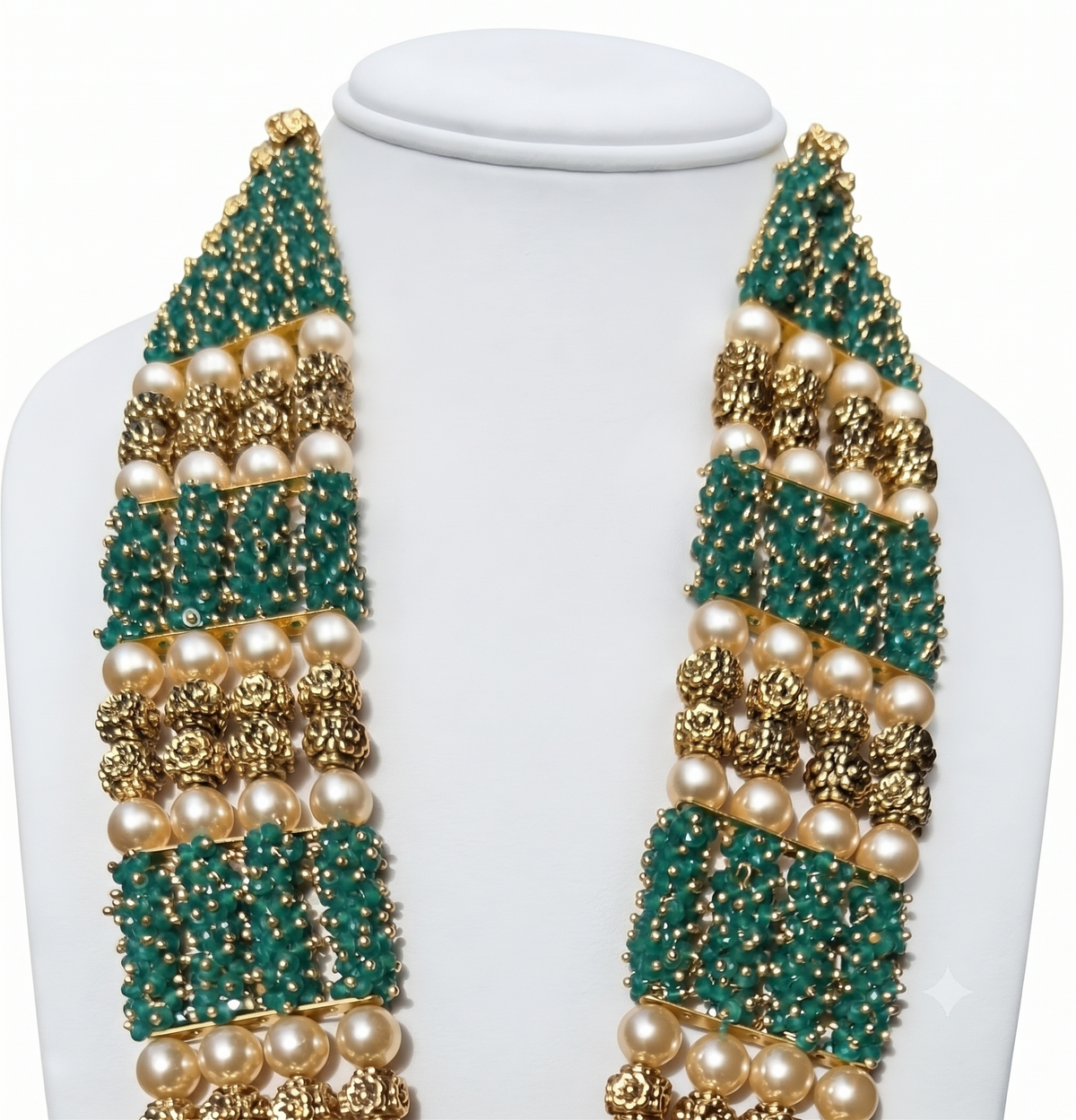 Royal Antique Gold Finish Temple Jewellery Rani Haar Set with Emerald Green Beads and Jhumkas