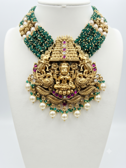 Royal Antique Gold Finish Temple Jewellery Rani Haar Set with Emerald Green Beads and Jhumkas