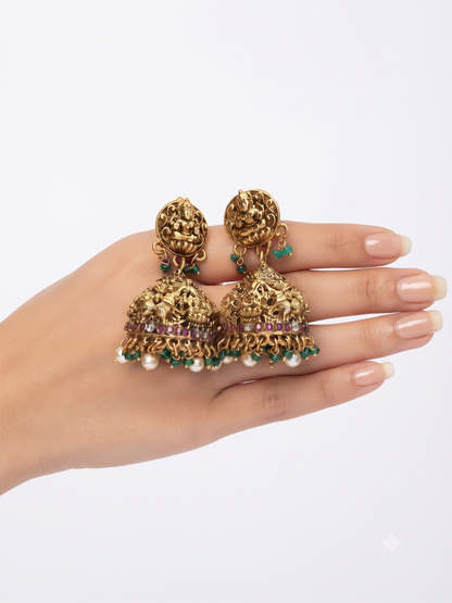 Royal Antique Gold Finish Temple Jewellery Rani Haar Set with Emerald Green Beads and Jhumkas