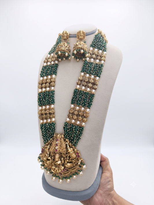 Royal Antique Gold Finish Temple Jewellery Rani Haar Set with Emerald Green Beads and Jhumkas