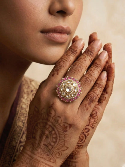 Jewel Street Victorian Ring featuring a 9.79g antique gold finish and radiant pink stones