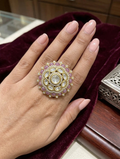 Victorian style adjustable rings for women with a central crystal and pink petal-shaped stones