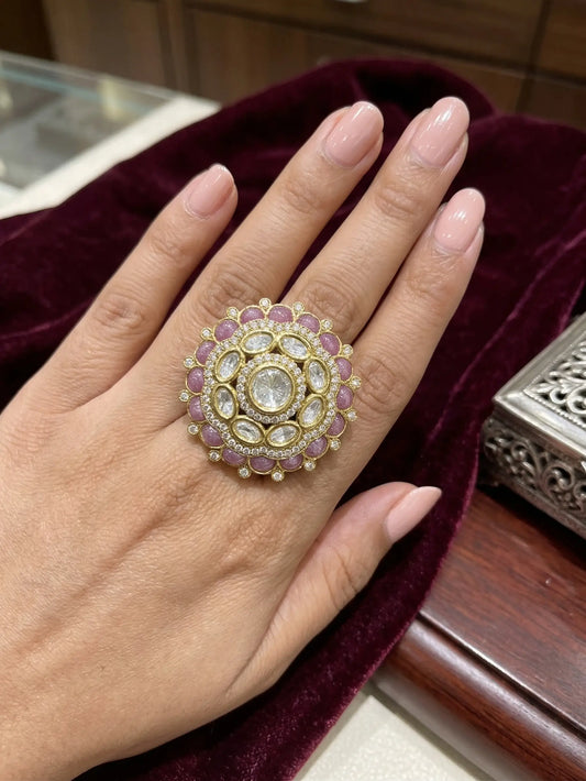 Victorian style adjustable rings for women with a central crystal and pink petal-shaped stones