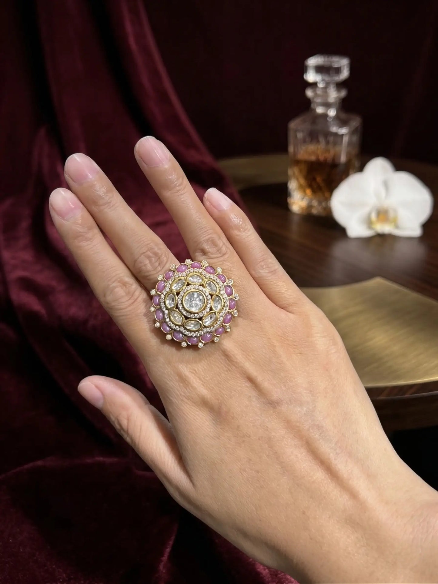 Lightweight 9.79g adjustable pink stone ring for ladies, perfect for gifting and special occasions