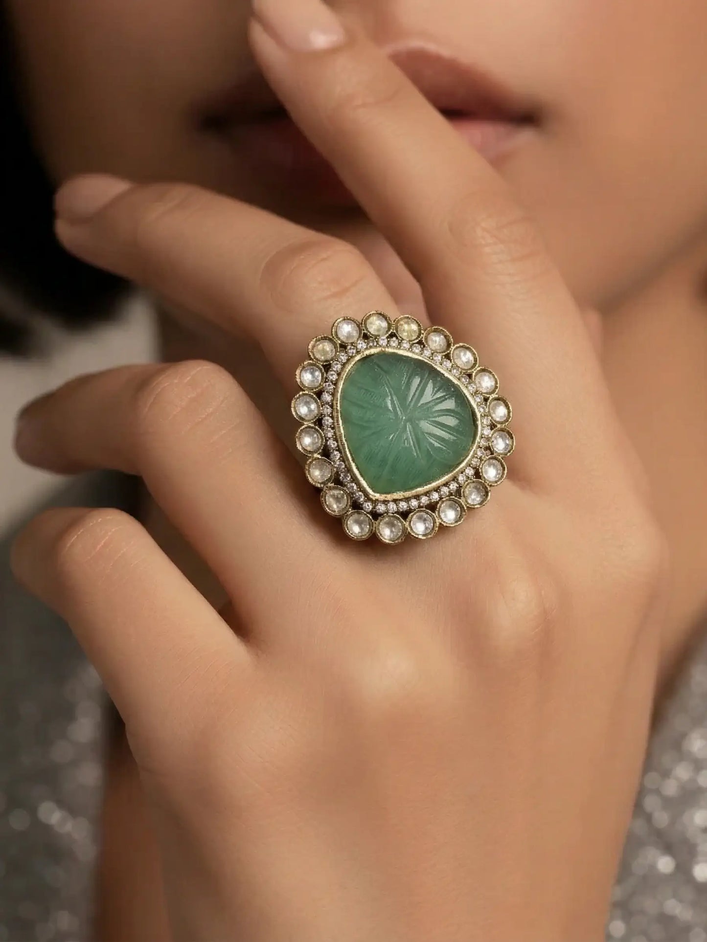 Jewel Street Polki ring with hand-carved green stone for women