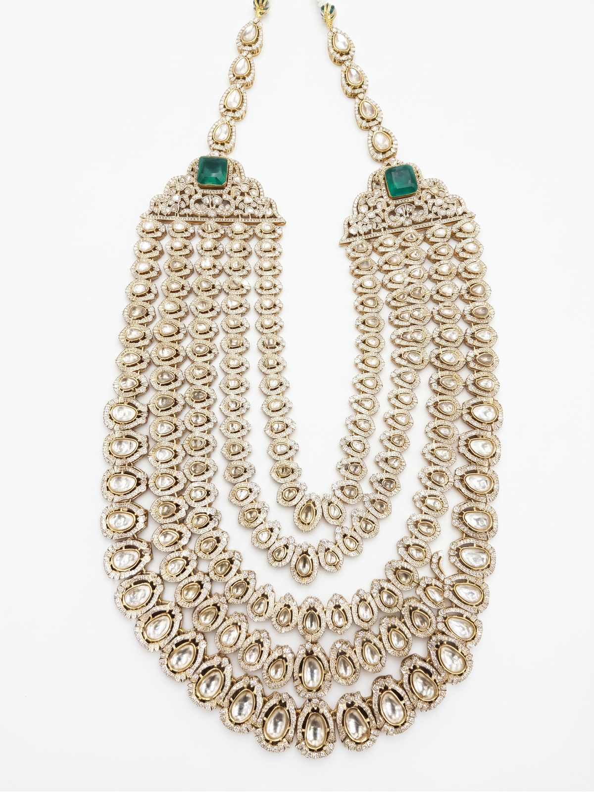 Royal Multi-Layer Kundan Necklace with Emerald Green Stones & Intricate Polki Work
