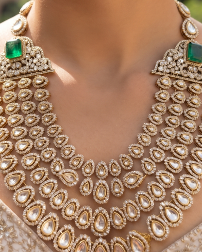 Royal Multi-Layer Kundan Necklace with Emerald Green Stones & Intricate Polki Work
