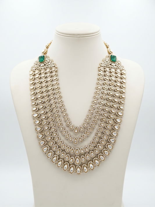 Royal Multi-Layer Kundan Necklace with Emerald Green Stones & Intricate Polki Work