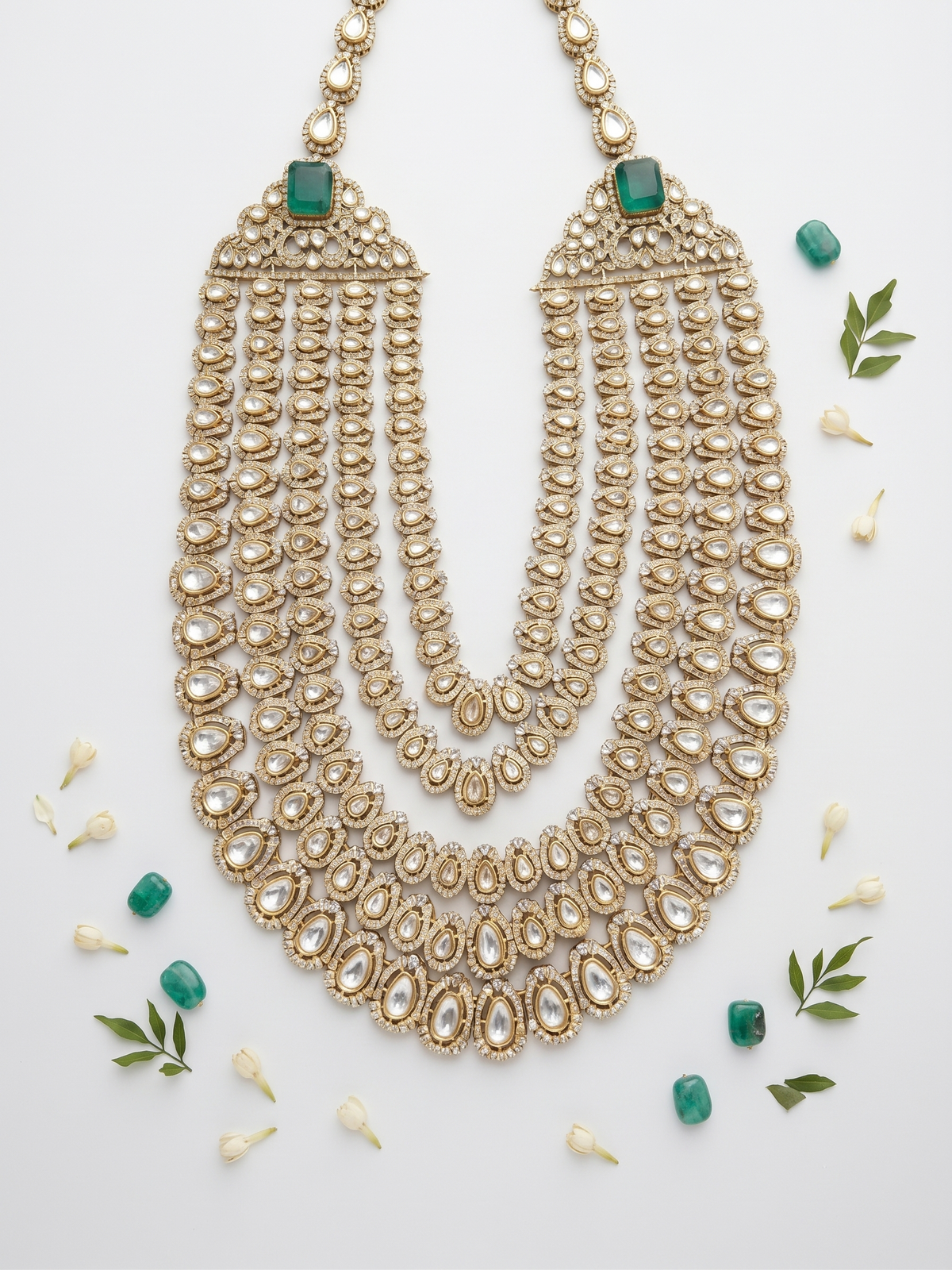 Royal Multi-Layer Kundan Necklace with Emerald Green Stones & Intricate Polki Work