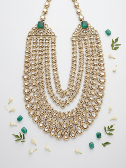Royal Multi-Layer Kundan Necklace with Emerald Green Stones & Intricate Polki Work