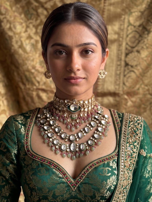 Woman wearing traditional jewelry and a green outfit against a gold textured background
