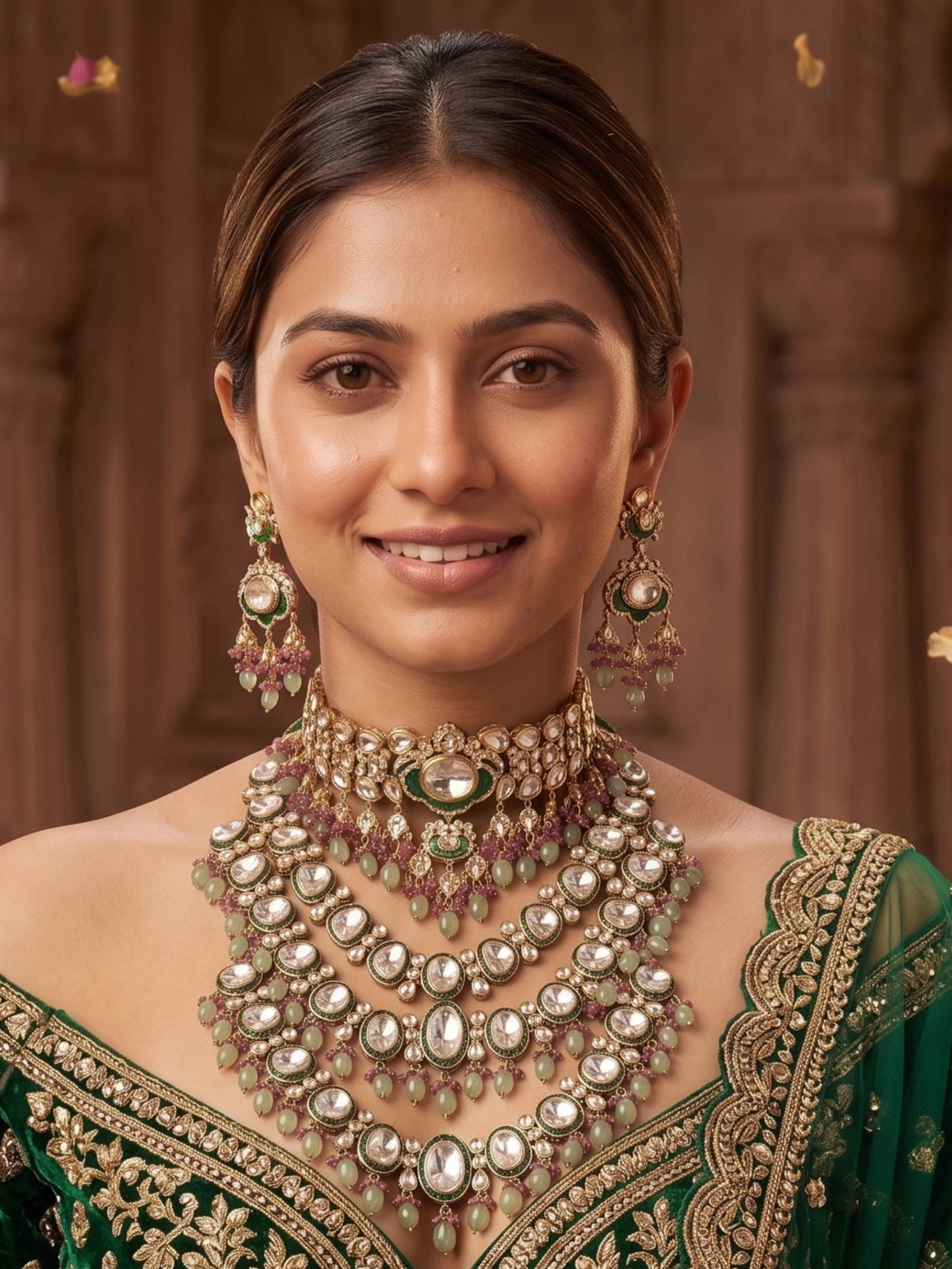 Woman wearing elaborate jewelry set with a brown background