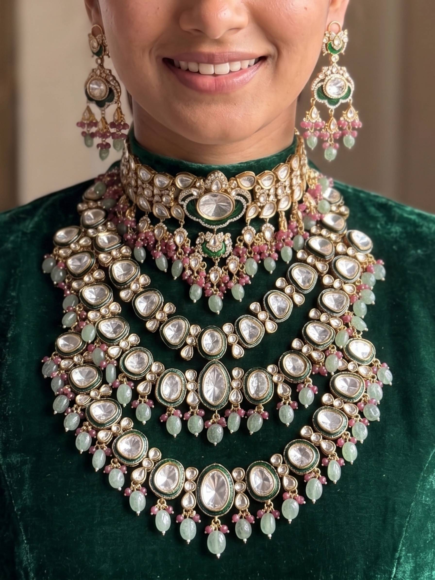 Close-up of a person wearing an elaborate necklace and earrings on a blurred background
