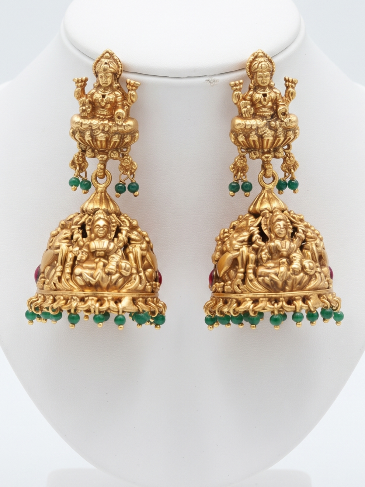 South Indian Temple Jewellery Antique Long Mala with Green Beaded Layers & Ruby Accents