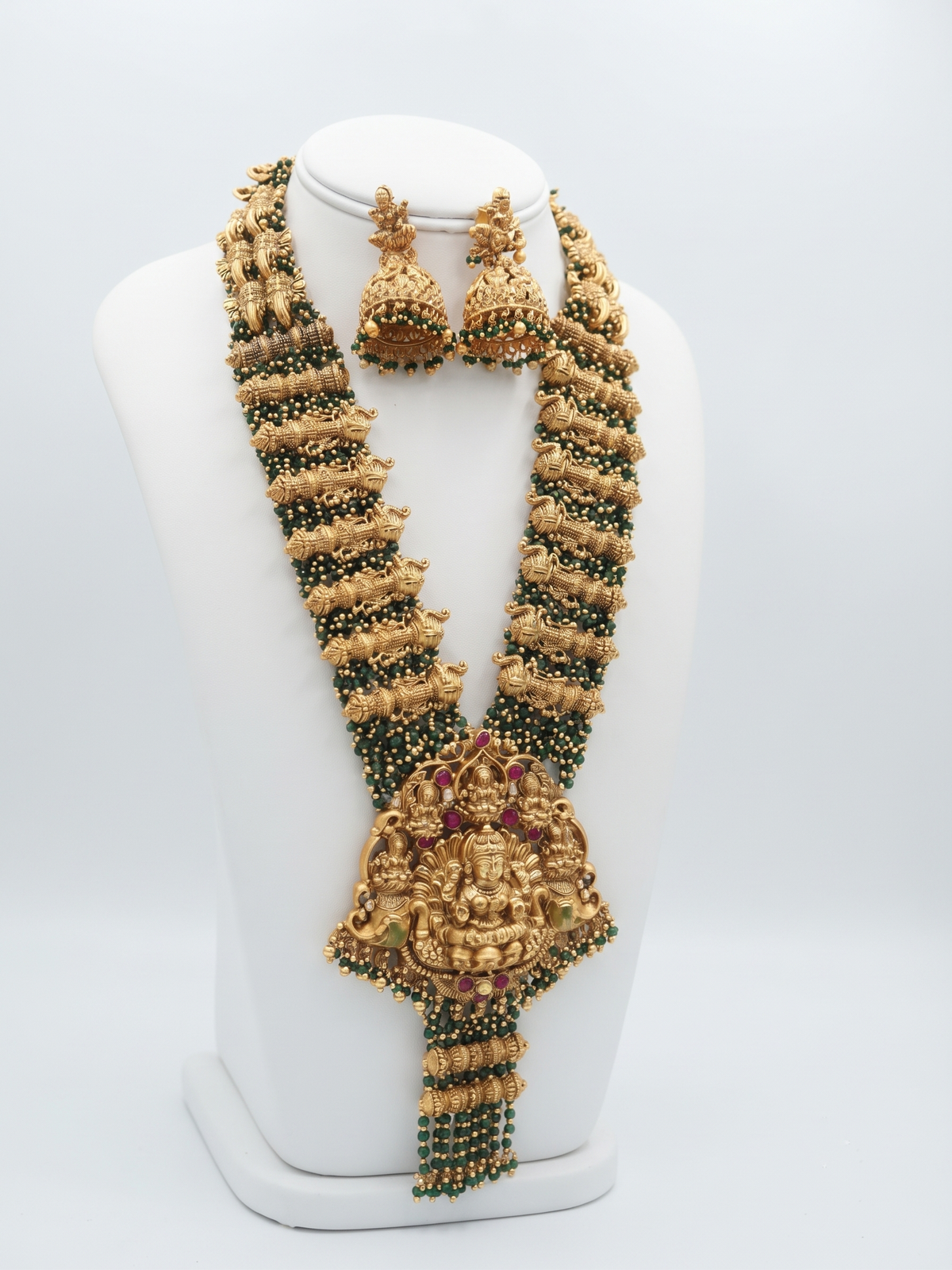South Indian Temple Jewellery Antique Long Mala with Green Beaded Layers & Ruby Accents