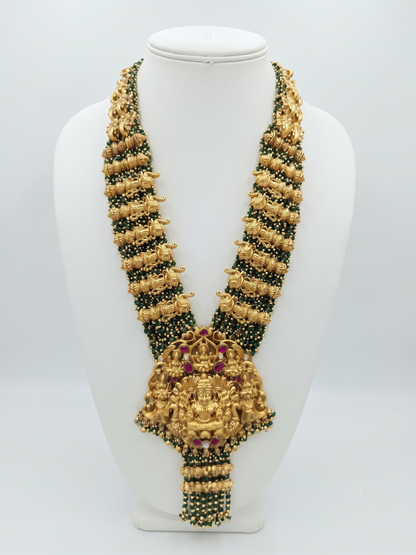 South Indian Temple Jewellery Antique Long Mala with Green Beaded Layers & Ruby Accents