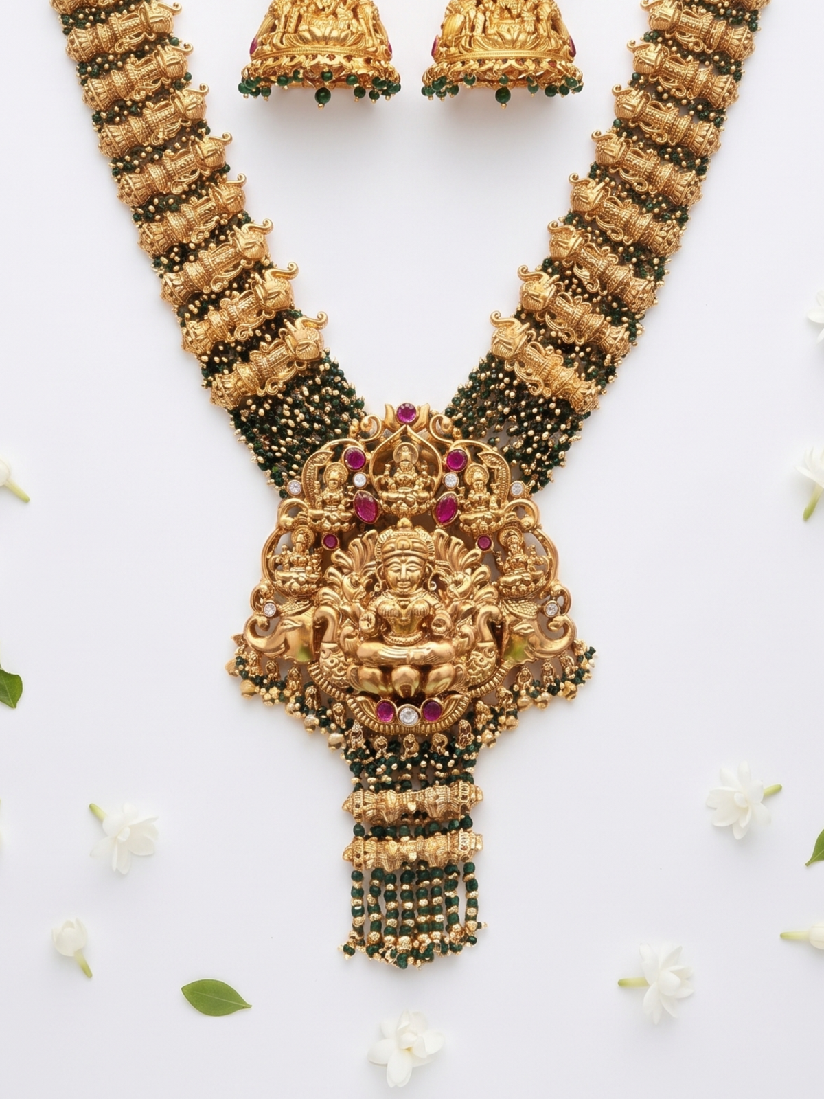 South Indian Temple Jewellery Antique Long Mala with Green Beaded Layers & Ruby Accents
