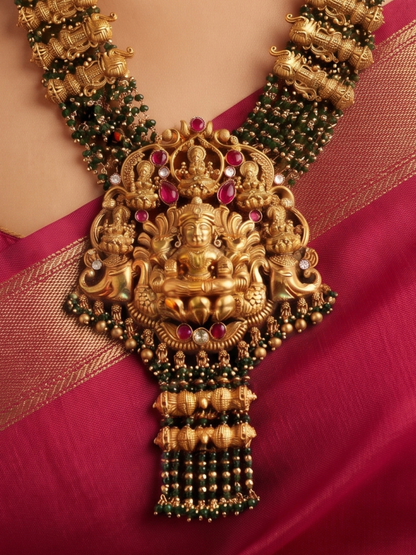 South Indian Temple Jewellery Antique Long Mala with Green Beaded Layers & Ruby Accents