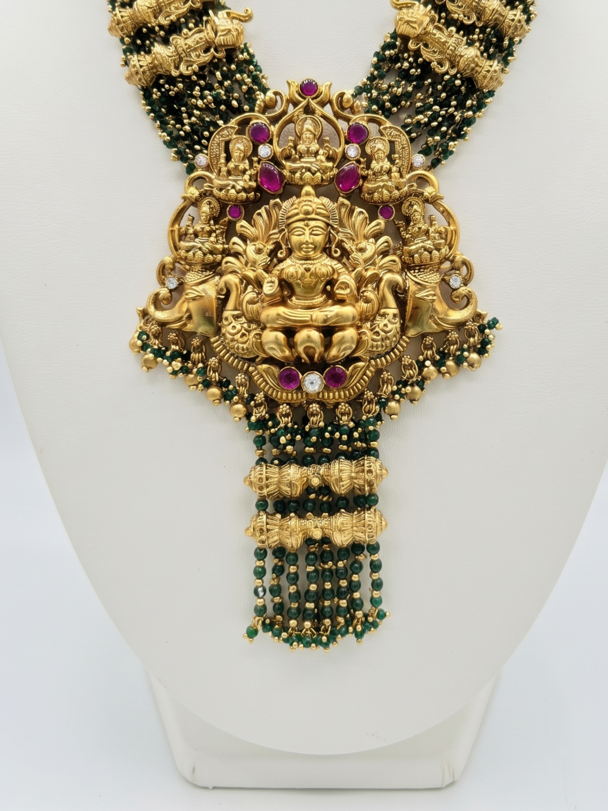 South Indian Temple Jewellery Antique Long Mala with Green Beaded Layers & Ruby Accents
