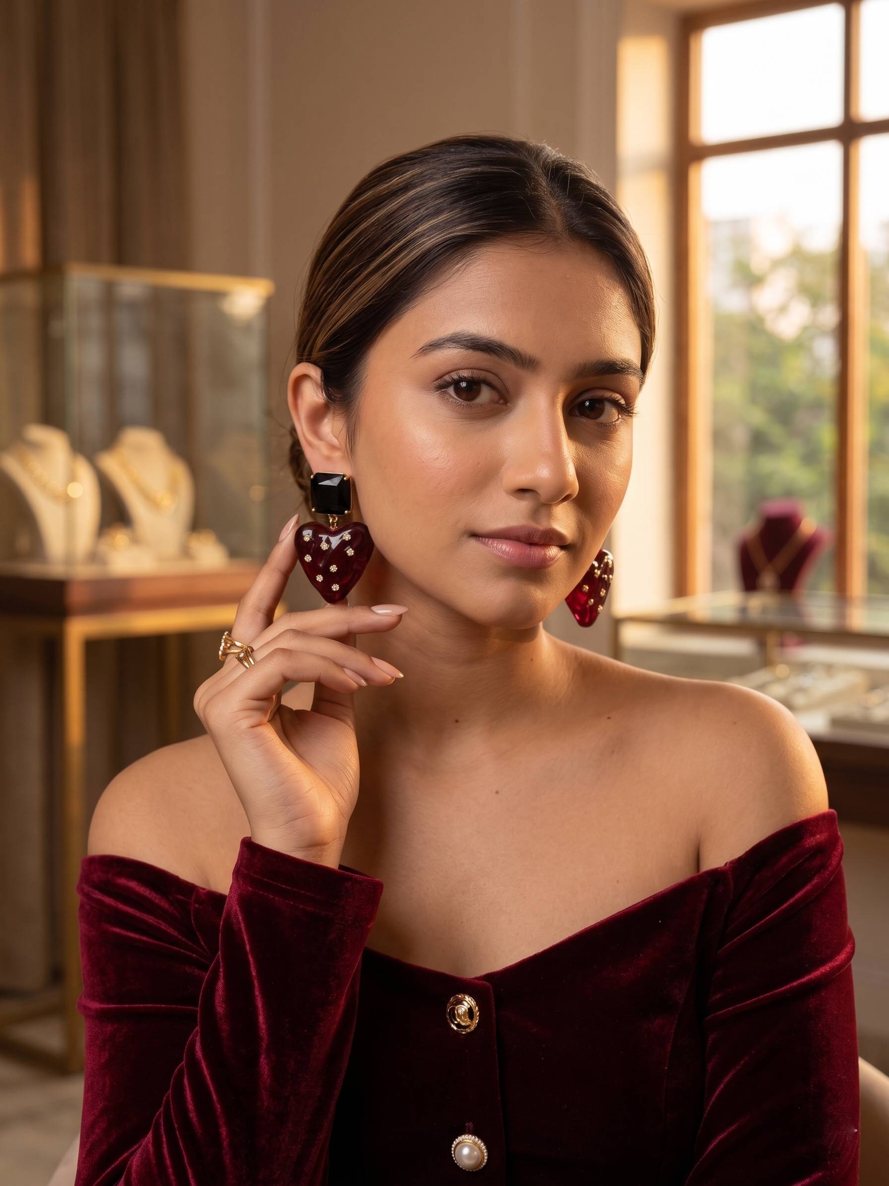 Woman wearing red earrings in a jewelry store setting