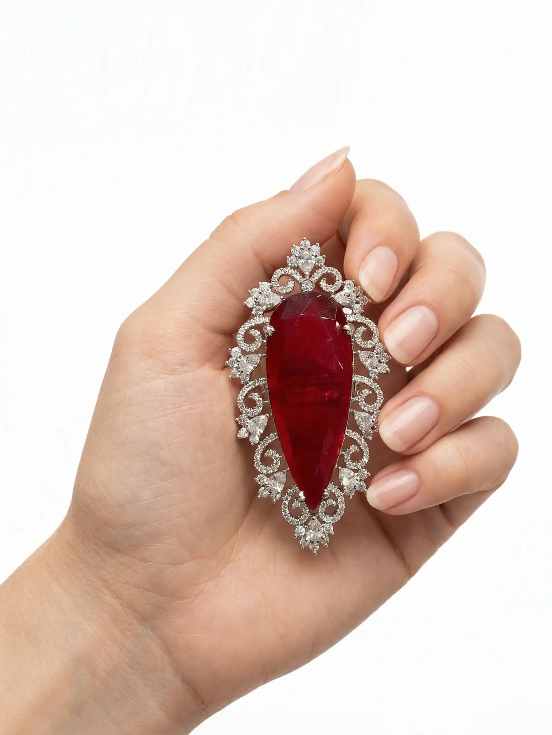 High-clarity red pear-cut stone ring for ladies, weighing 15.40g with brilliant CZ accents