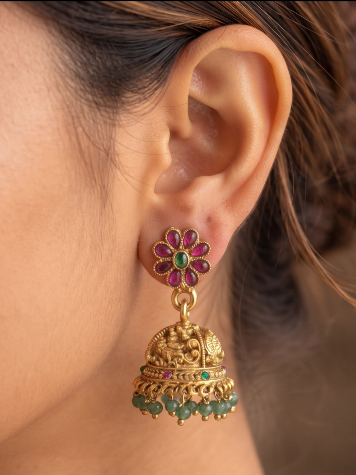 South Indian Temple Jewellery Multi-Strand Long Haaram with Jhumka Earrings