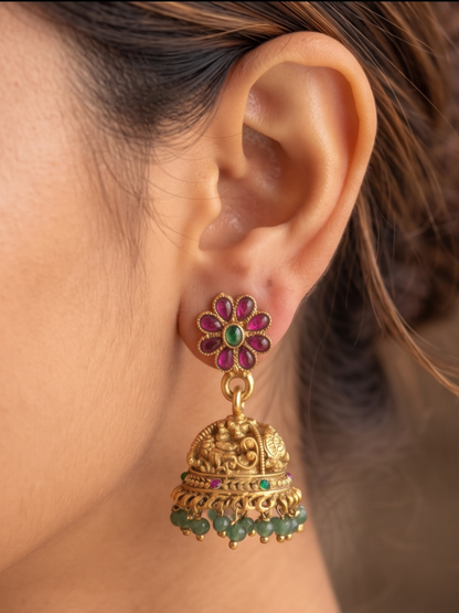 South Indian Temple Jewellery Multi-Strand Long Haaram with Jhumka Earrings