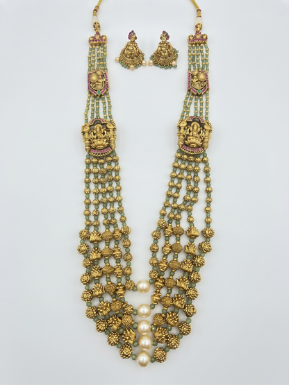 South Indian Temple Jewellery Multi-Strand Long Haaram with Jhumka Earrings