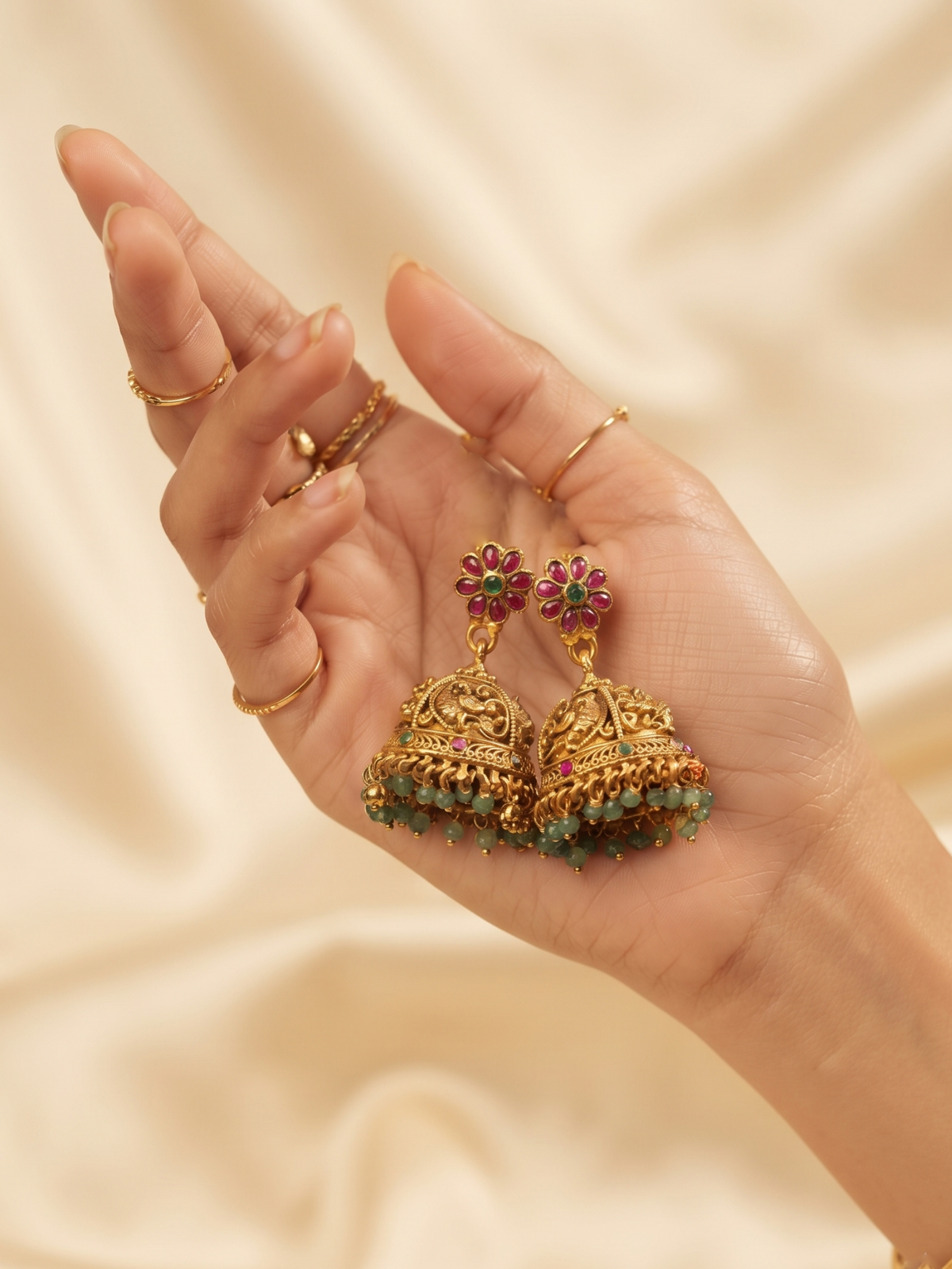 South Indian Temple Jewellery Multi-Strand Long Haaram with Jhumka Earrings