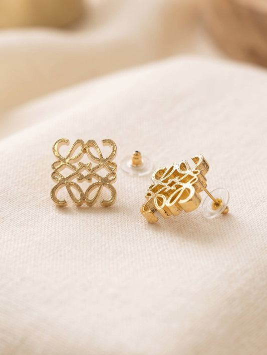 Jewel Street Fashion Earring, Silver 925 Stud Earrings for Women with intricate Anagram design, Stylish Gold-Plated Ear Tops for Women