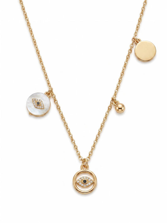 Gold necklace with eye-shaped pendants on a white background